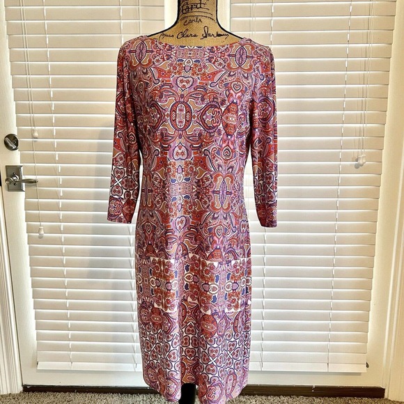 Wisp Knit Dress Size 12 Pink Paisley Sheath Boat Neck Long Sleeve Pullover - Picture 1 of 11